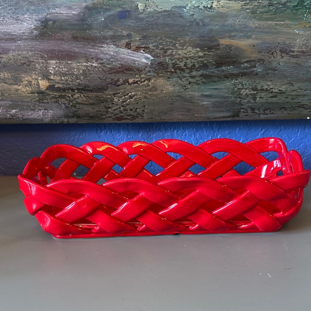 Primo'Gi Made in Italy Ceramic Woven Fruit, Bread Basket, Red Decor
